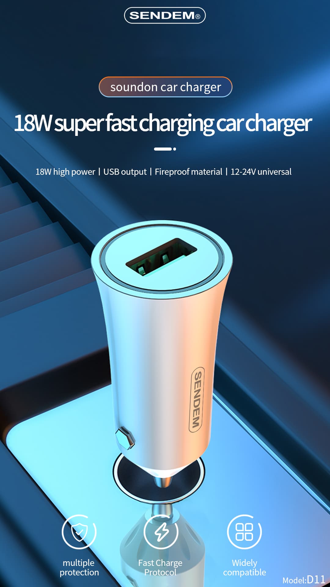 D11-QC3.0 avec chargeur de voiture 18W avec lumière LED (1)