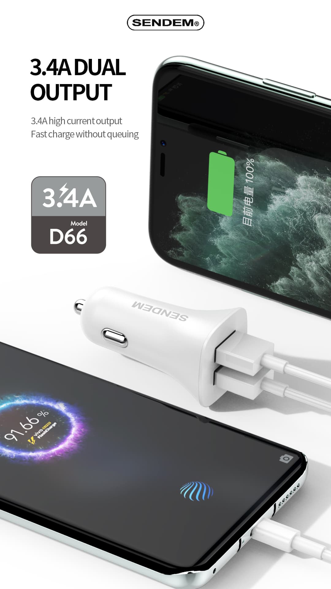 D66-3.4A -Tvöfalt USB bílhleðslutæki (2)