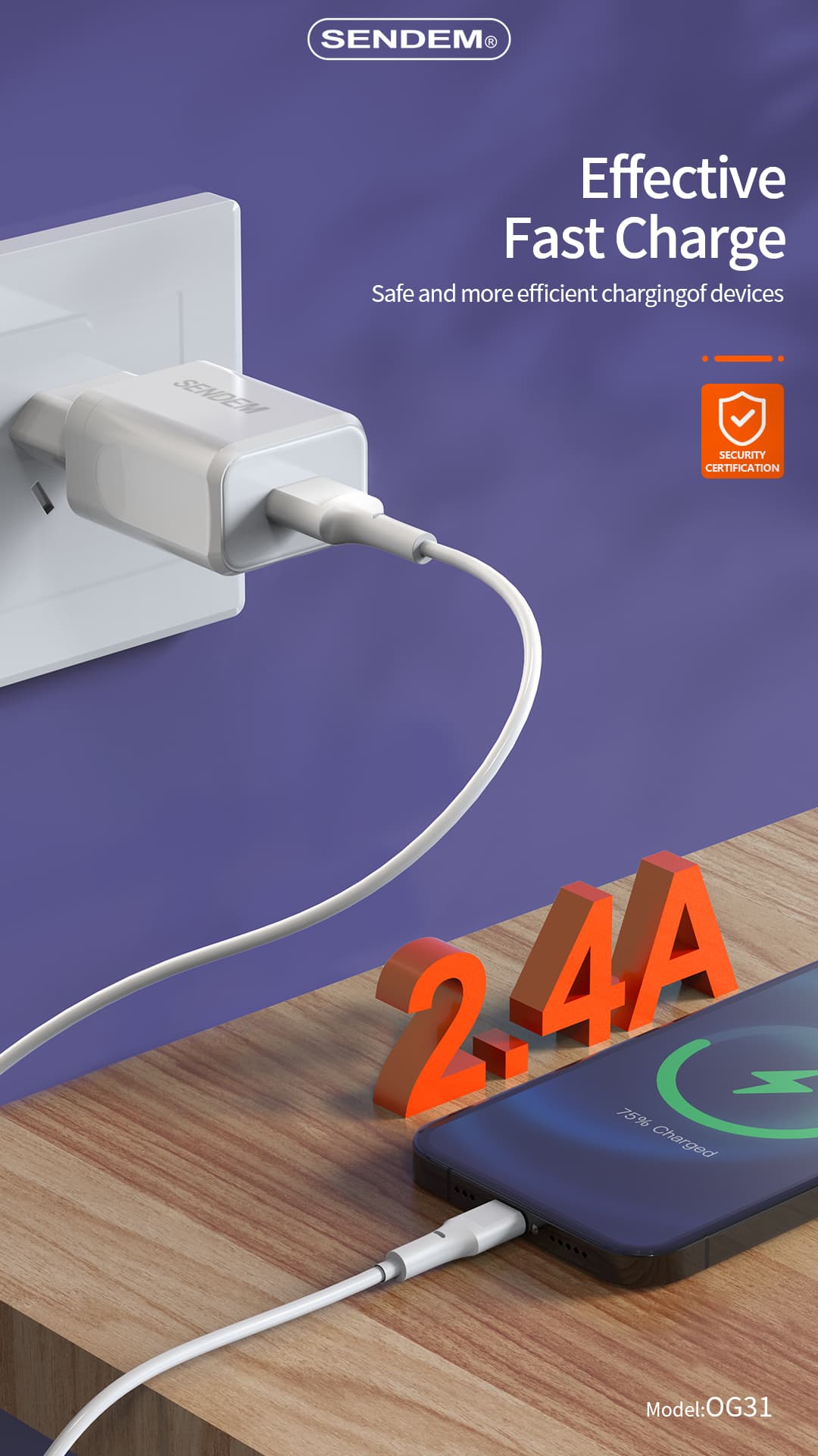 OG31-Ruishan série EU zástrčka 2,4A USB nástěnná nabíječka (2)