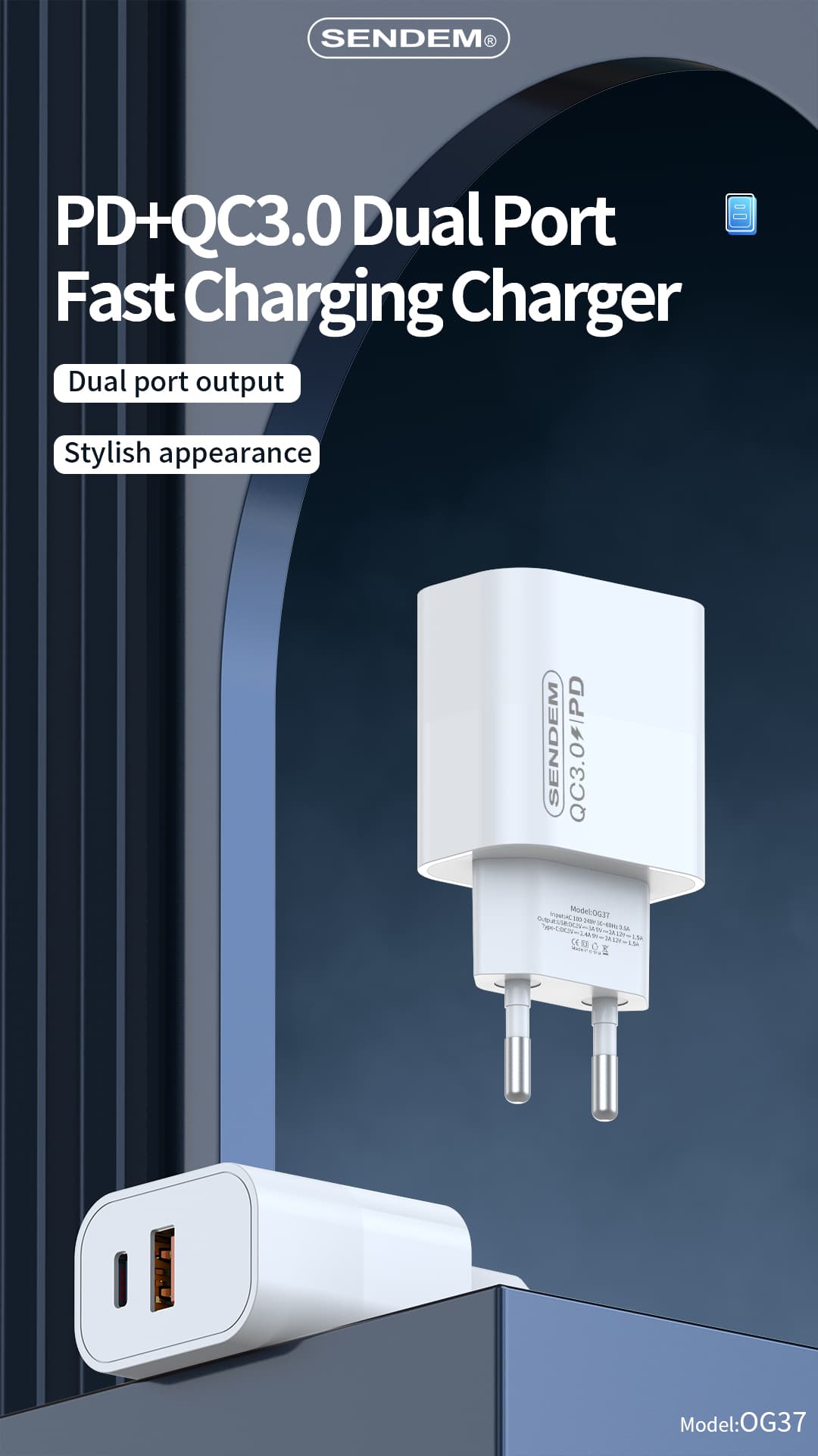 OG37-EU plug PD + QC3.0 port dùbailte charger cosgais luath (1)